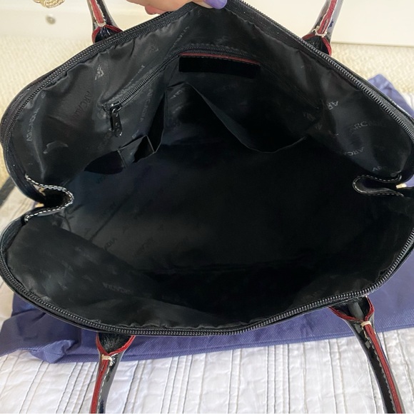 Arcadia Genuine Patent Leather Made in Italy Logo Satchel Bag Black with Red - Picture 9 of 11